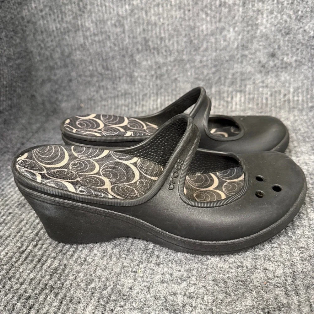 Crocs Sassari Wedge Mary Jane Womens 8 Black Slip On Comfort Heels Excellent